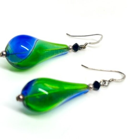 GREEN BLUE ART GLASS DROP EARRINGS STERLING 925 HOOKS HANDMADE MURANO STYLE - Picture 10 of 15